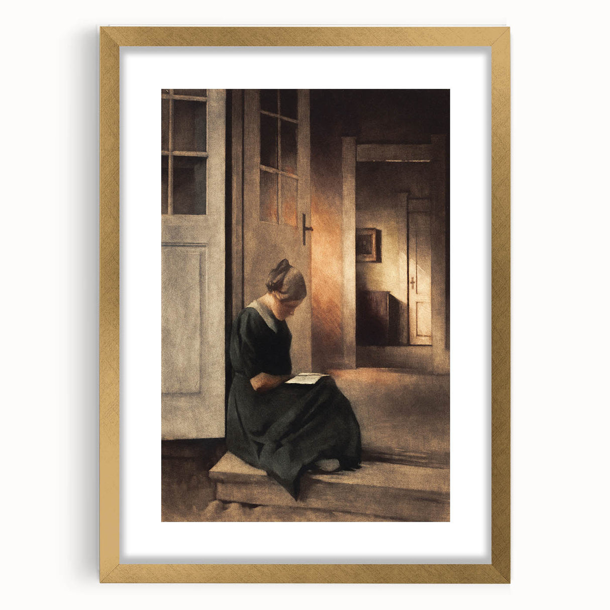 Dark Academia Wall Art: Woman Reading in Shadowy Interior, Vintage Print