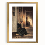 Dark Academia Wall Art: Woman Reading in Shadowy Interior, Vintage Print
