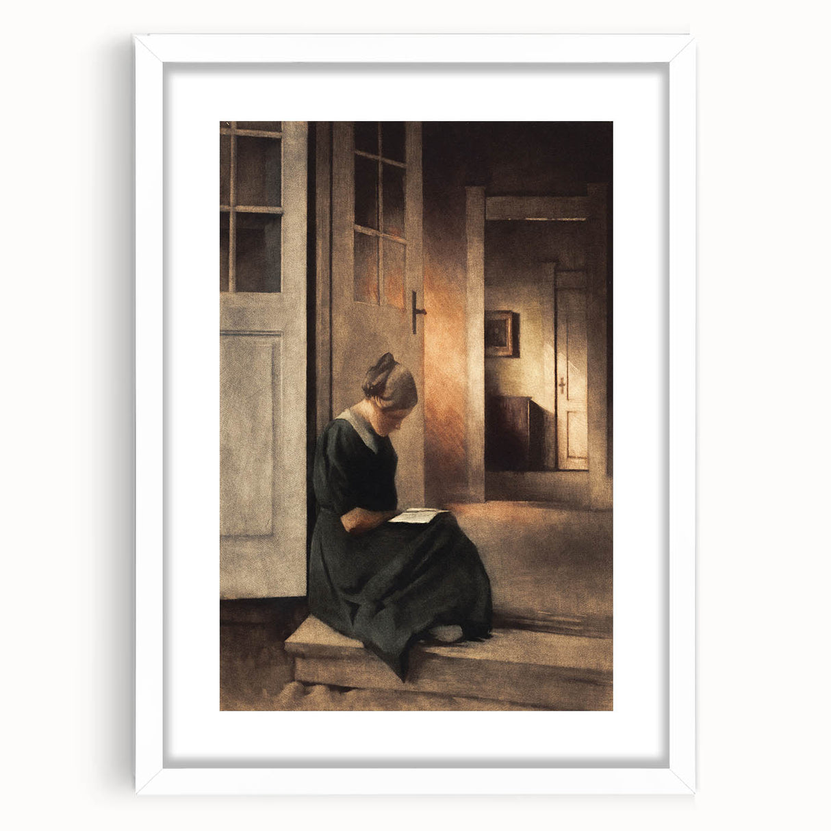 Dark Academia Wall Art: Woman Reading in Shadowy Interior, Vintage Print