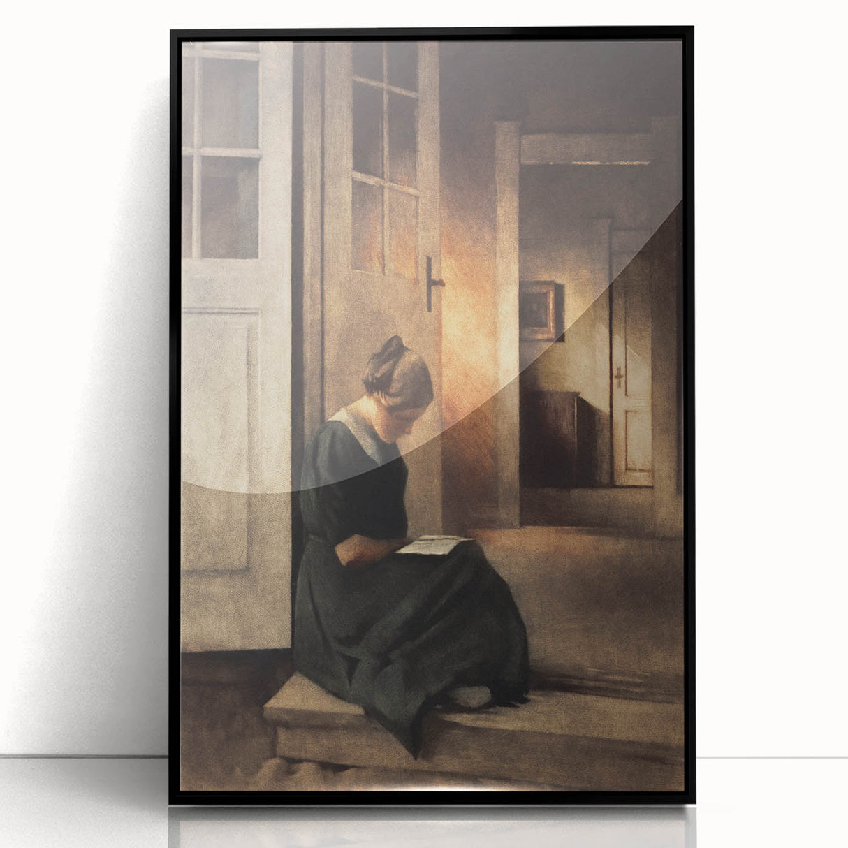 Dark Academia Wall Art: Woman Reading in Shadowy Interior, Vintage Print