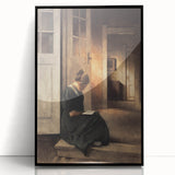 Dark Academia Wall Art: Woman Reading in Shadowy Interior, Vintage Print