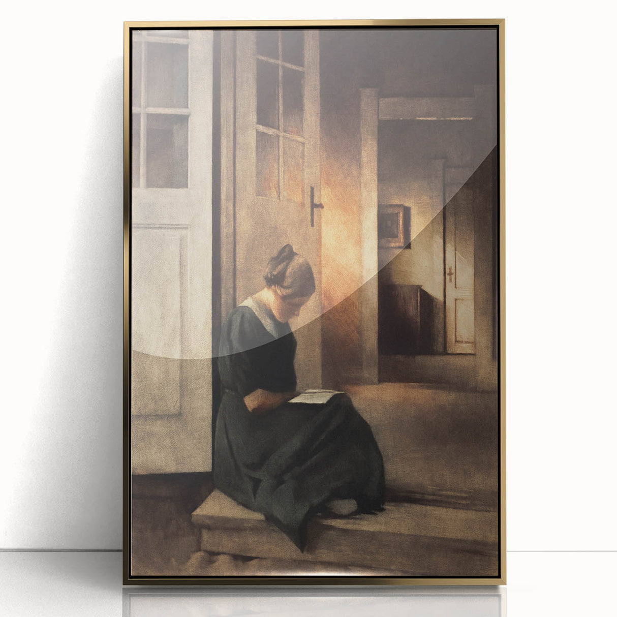 Dark Academia Wall Art: Woman Reading in Shadowy Interior, Vintage Print