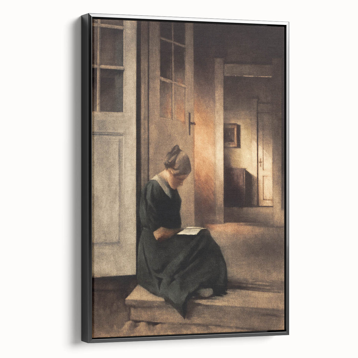 Dark Academia Wall Art: Woman Reading in Shadowy Interior, Vintage Print