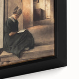 Dark Academia Wall Art: Woman Reading in Shadowy Interior, Vintage Print