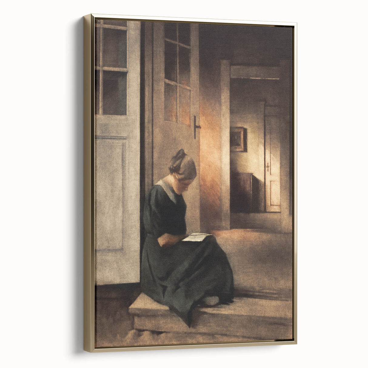 Dark Academia Wall Art: Woman Reading in Shadowy Interior, Vintage Print
