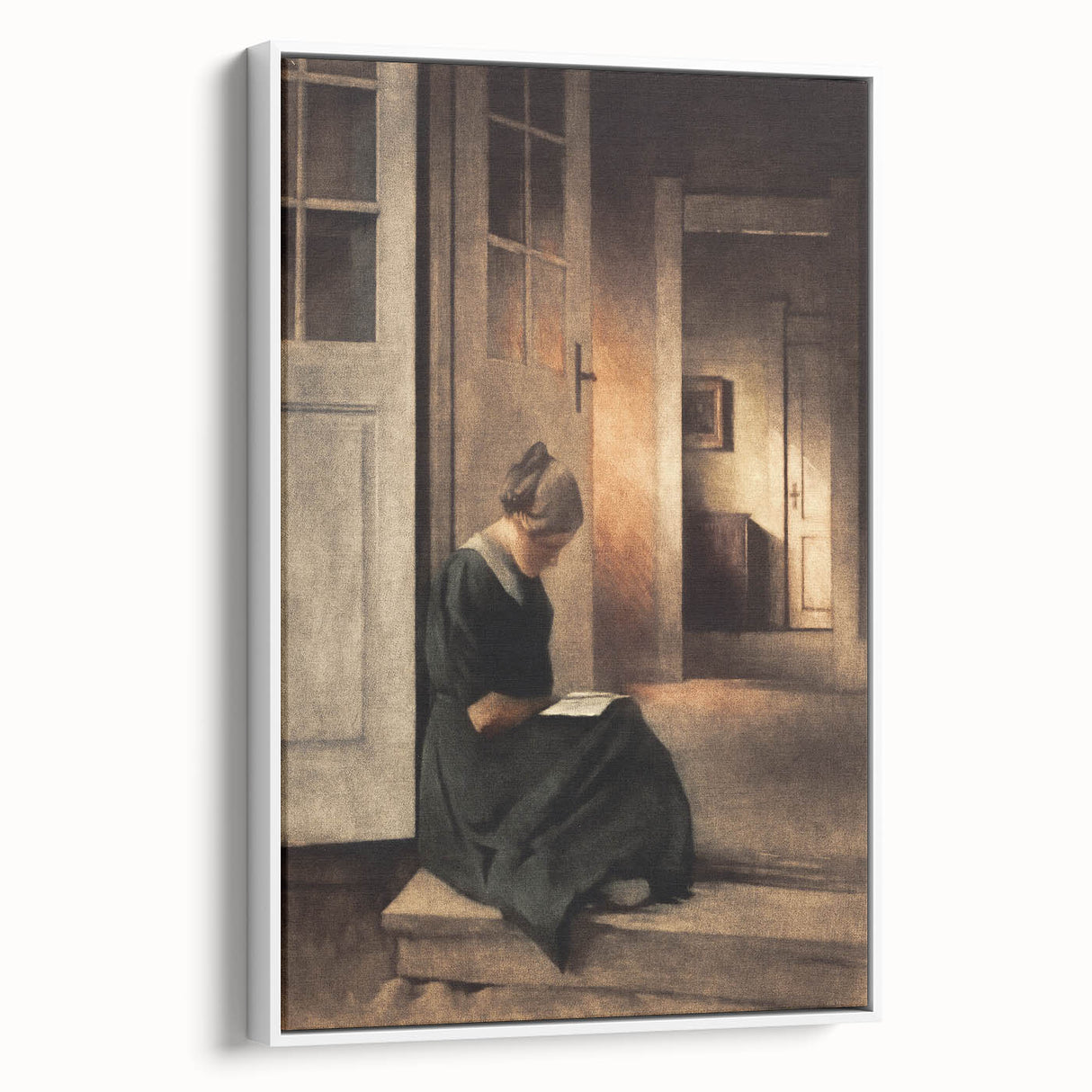 Dark Academia Wall Art: Woman Reading in Shadowy Interior, Vintage Print
