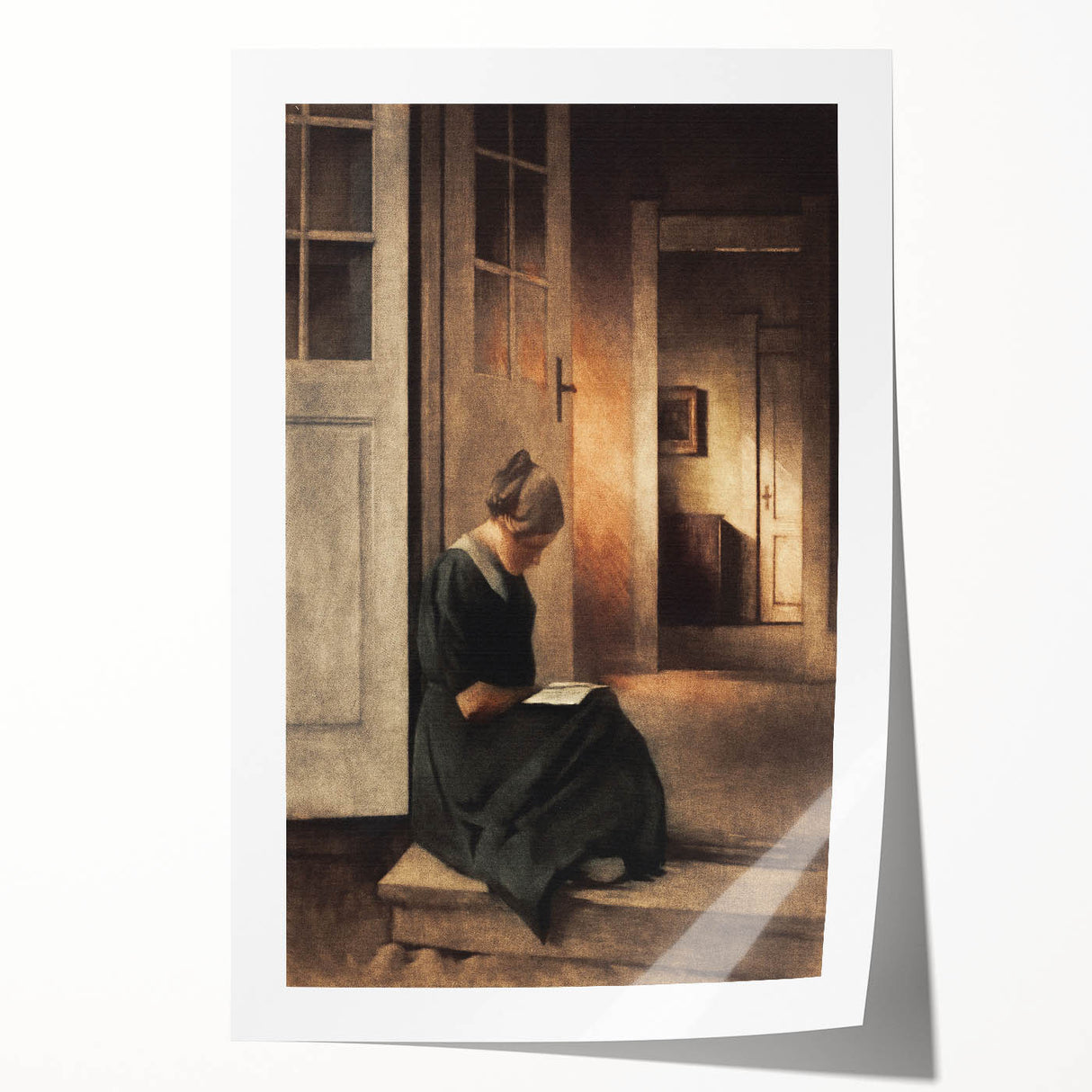 Dark Academia Wall Art: Woman Reading in Shadowy Interior, Vintage Print