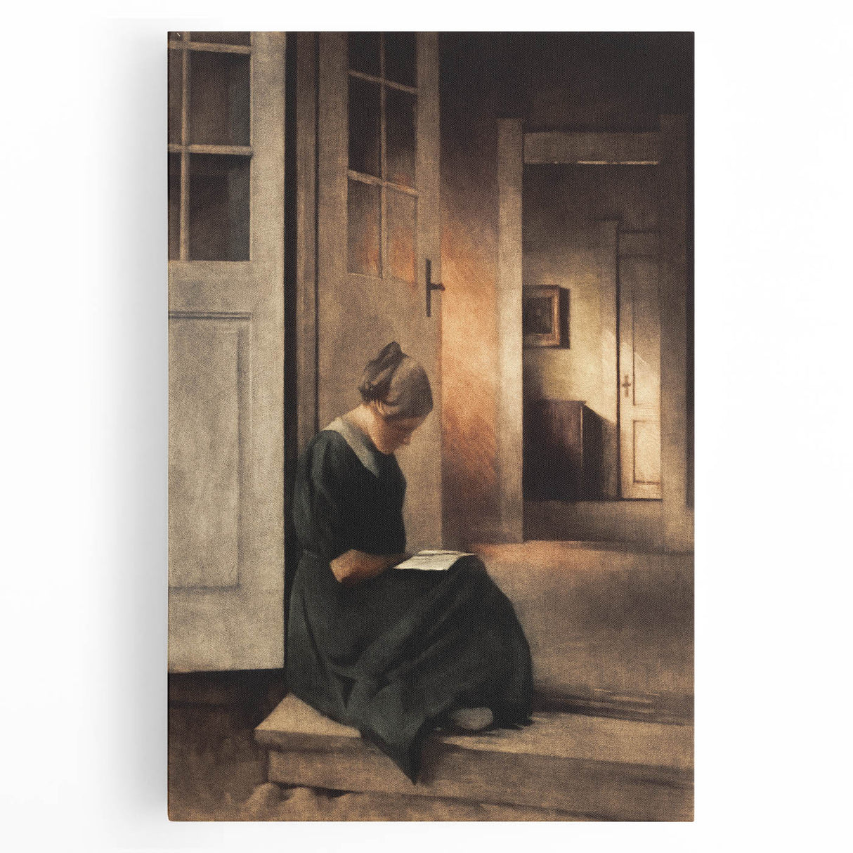 Dark Academia Wall Art: Woman Reading in Shadowy Interior, Vintage Print