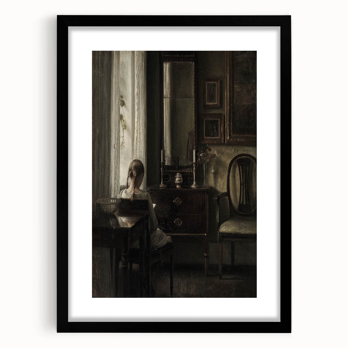 Dark Academia Wall Art-Girl in Study Room, Vintage Gothic Print