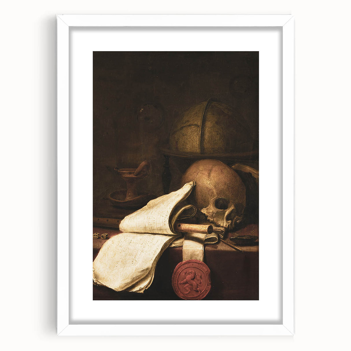 Skull, Globe, and Scroll – Dark Academia Wall Art, Gothic Still Life
