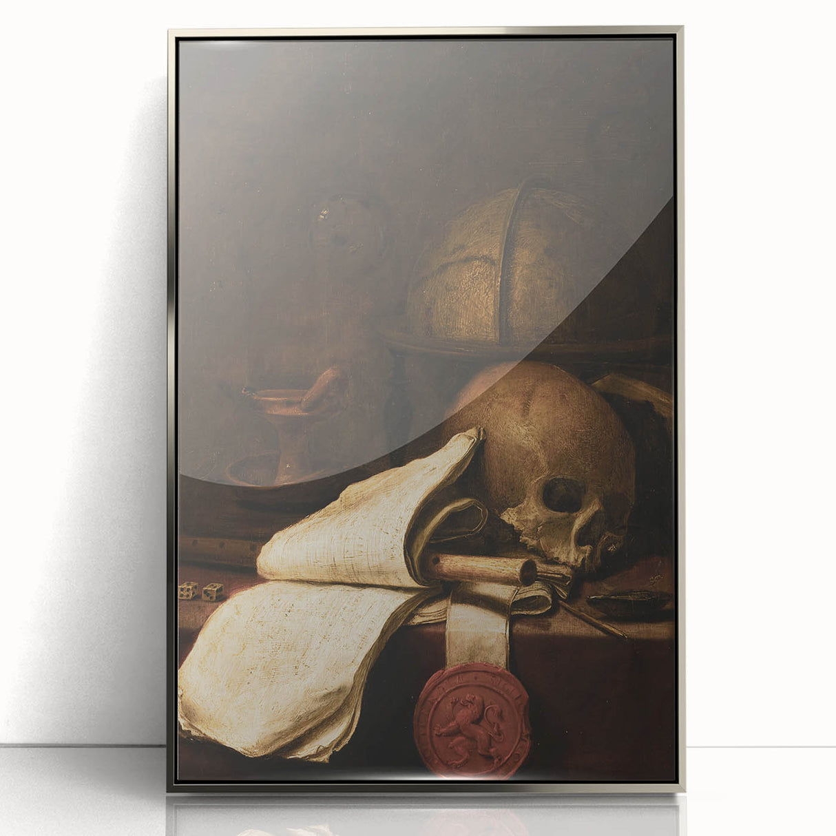 Skull, Globe, and Scroll – Dark Academia Wall Art, Gothic Still Life