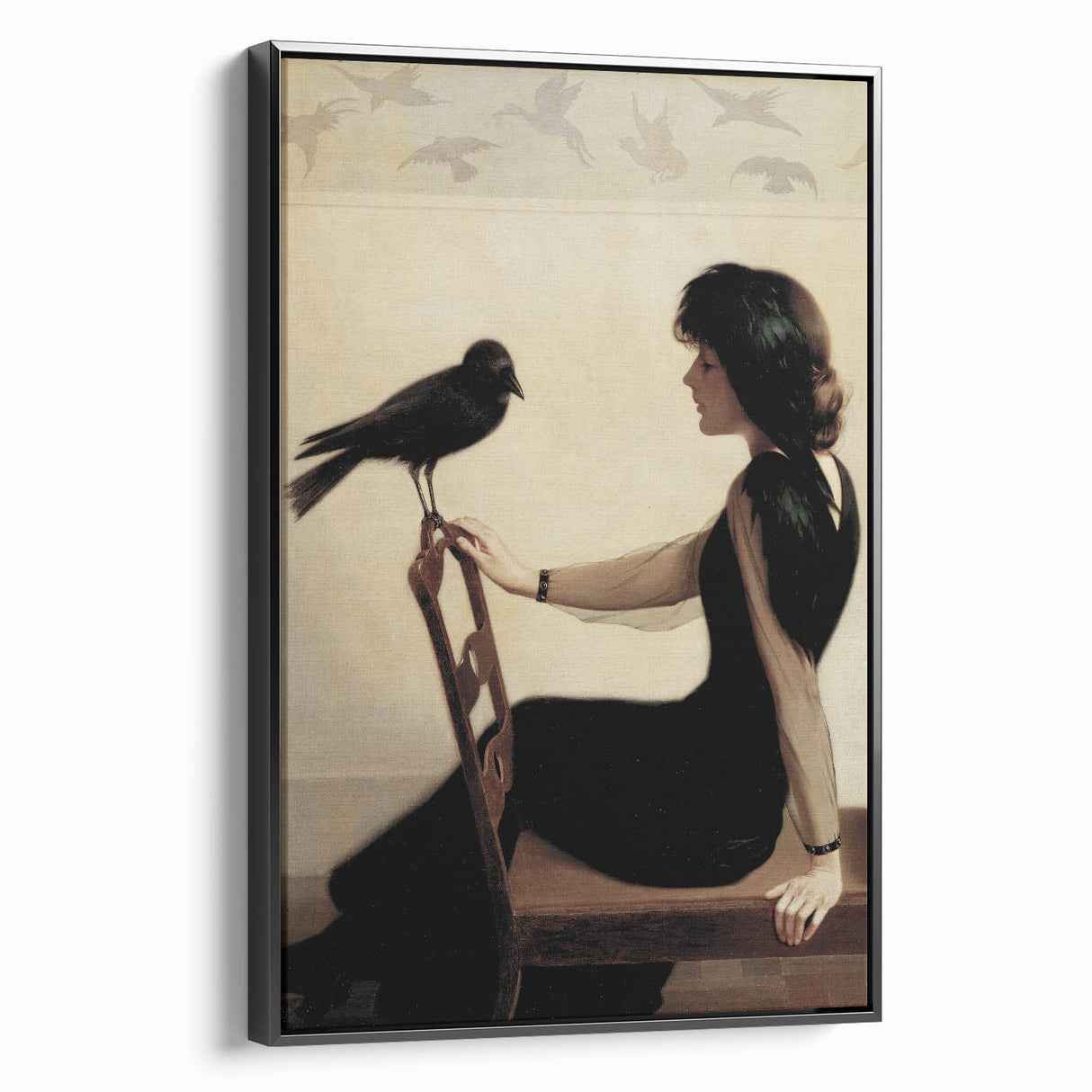 Dark Academia Wall Art: Woman with Raven in Silence, Gothic Print