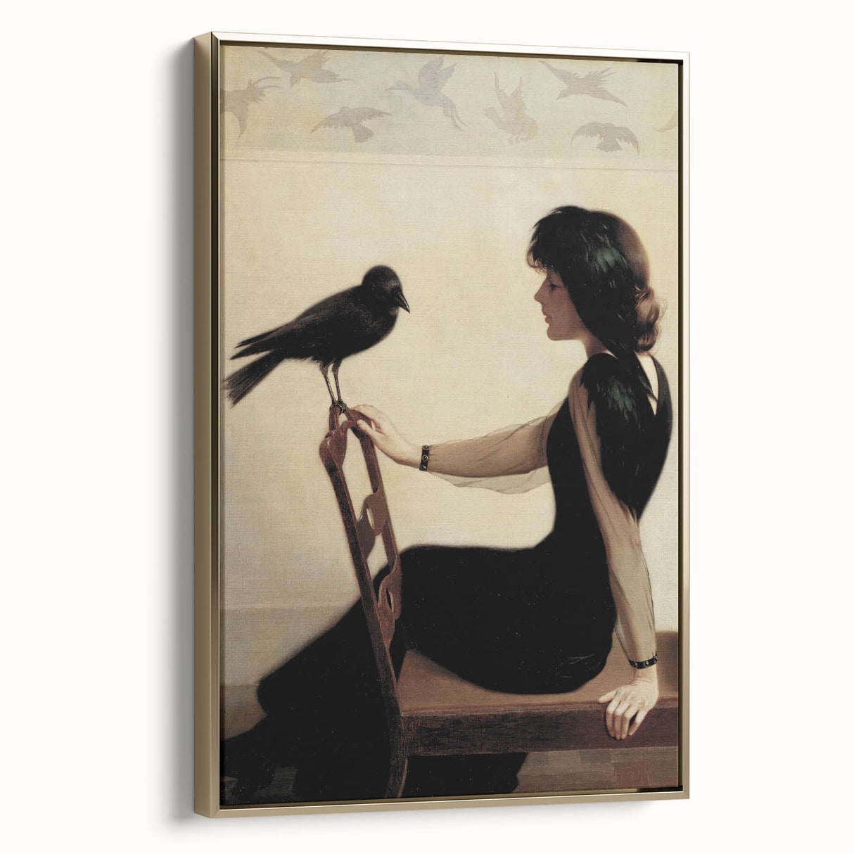 Dark Academia Wall Art: Woman with Raven in Silence, Gothic Print