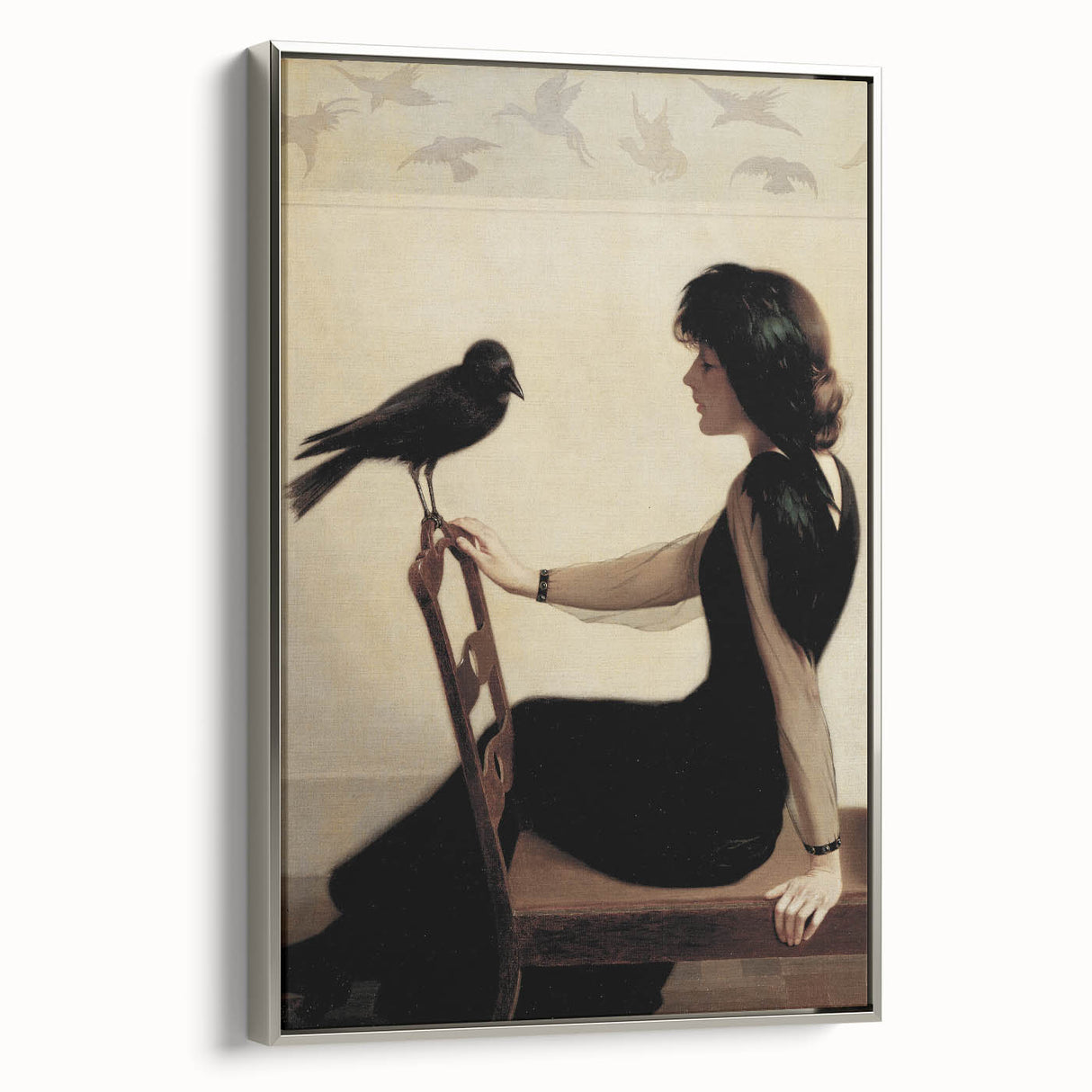 Dark Academia Wall Art: Woman with Raven in Silence, Gothic Print