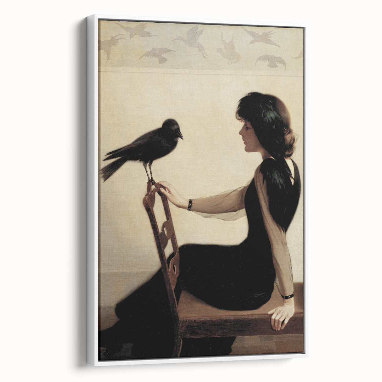 Dark Academia Wall Art: Woman with Raven in Silence, Gothic Print