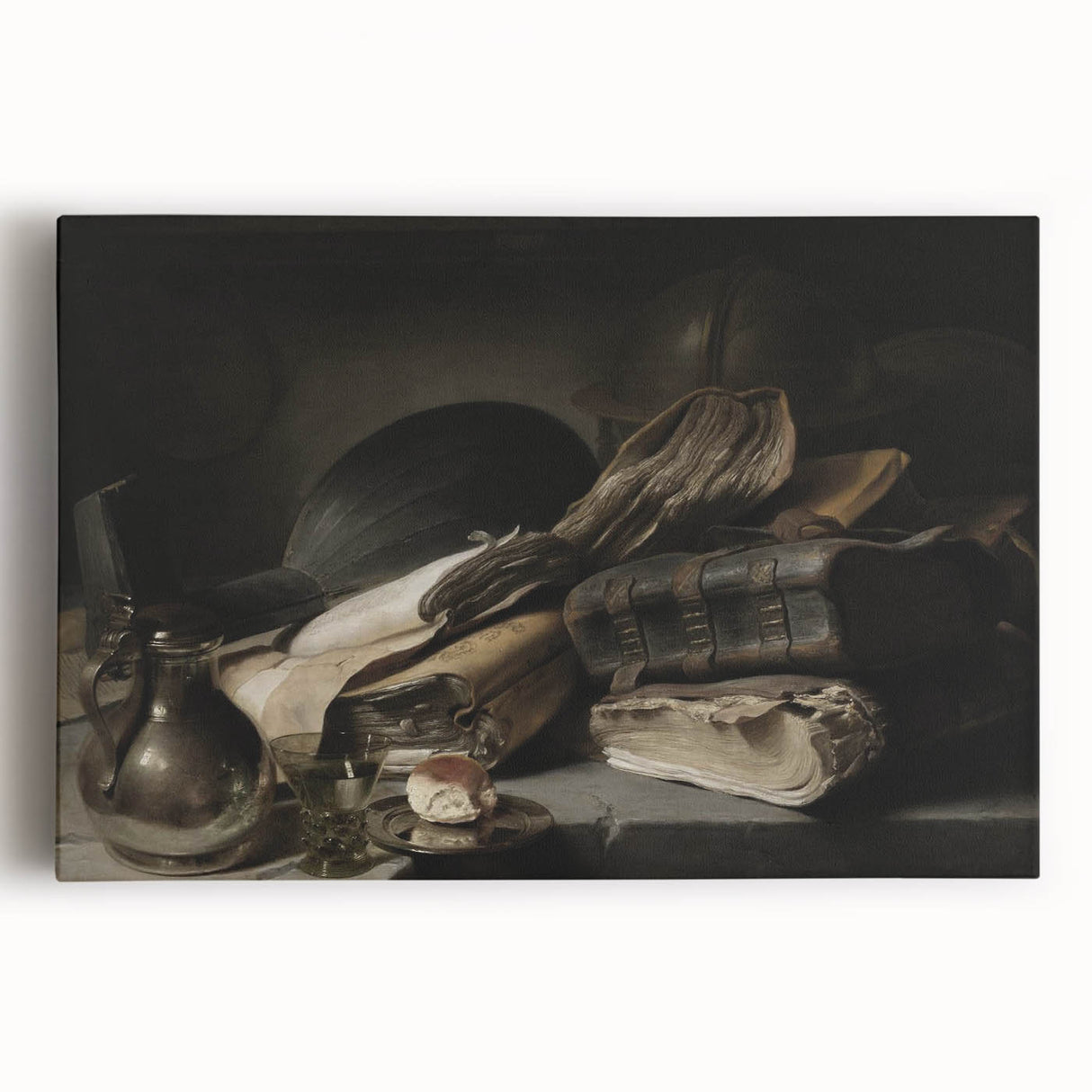 Dark Academia Wall Art – Still Life with Books, Helmet, and Jug