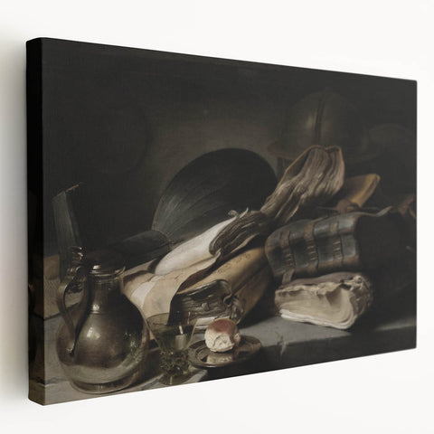 Dark Academia Wall Art – Still Life with Books, Helmet, and Jug
