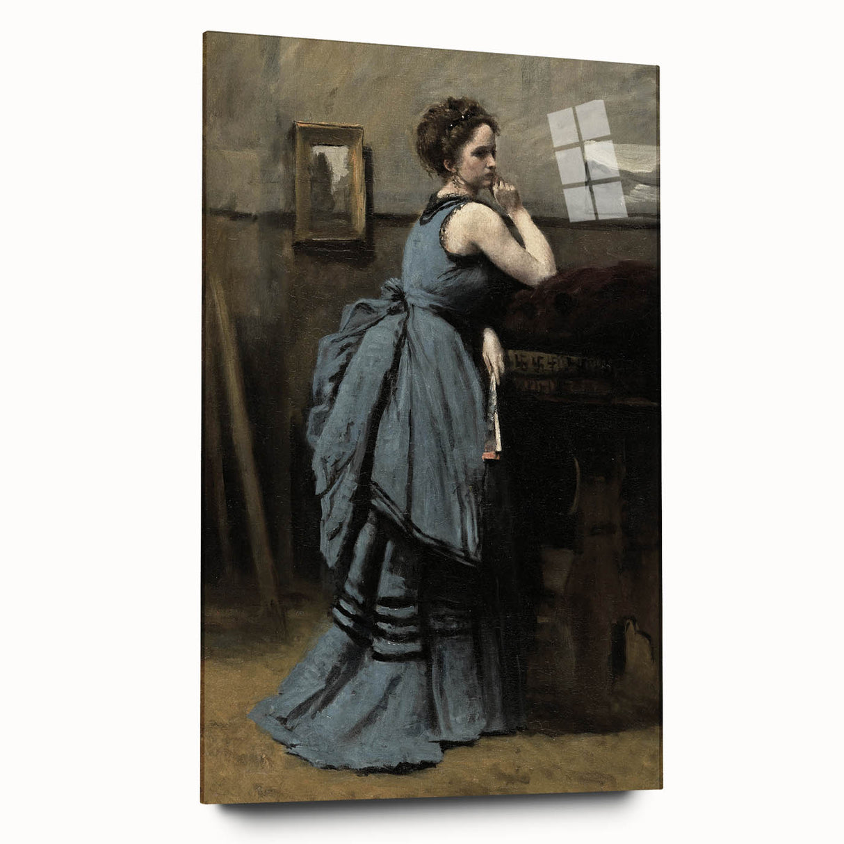 Woman in Blue Victorian Dress – Dark Academia Wall Art, Thoughtful Elegance