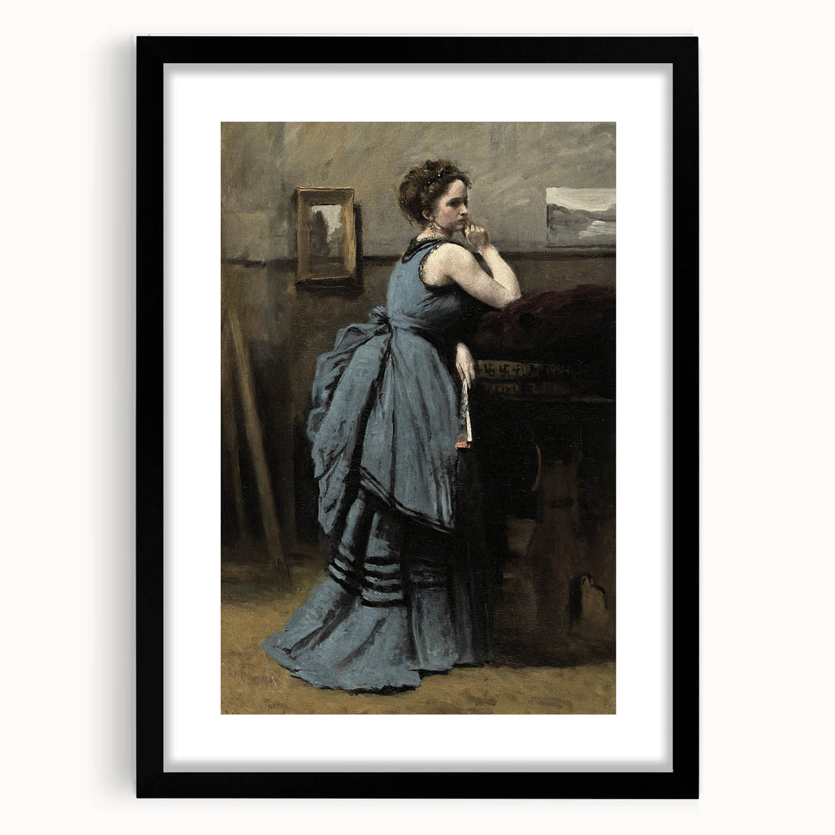 Woman in Blue Victorian Dress – Dark Academia Wall Art, Thoughtful Elegance
