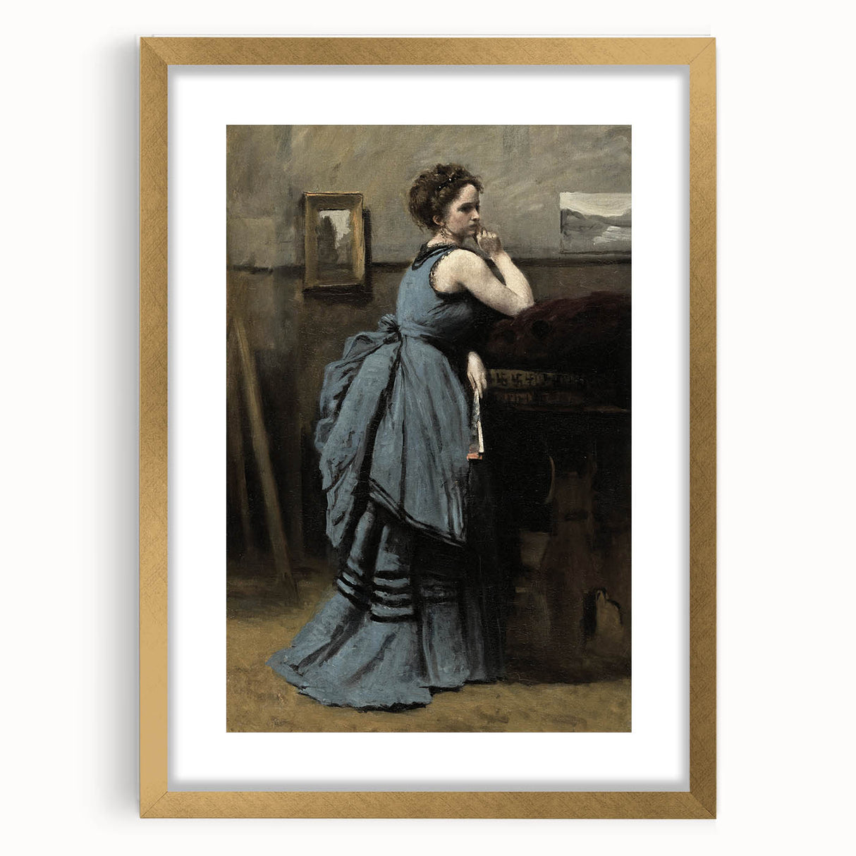 Woman in Blue Victorian Dress – Dark Academia Wall Art, Thoughtful Elegance