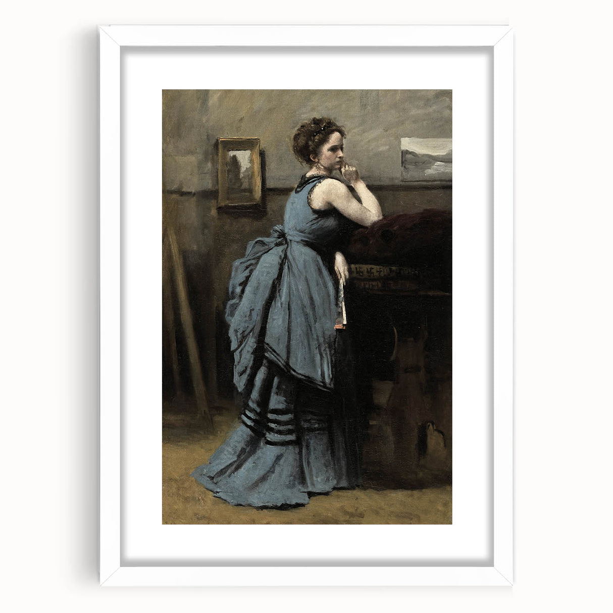 Woman in Blue Victorian Dress – Dark Academia Wall Art, Thoughtful Elegance