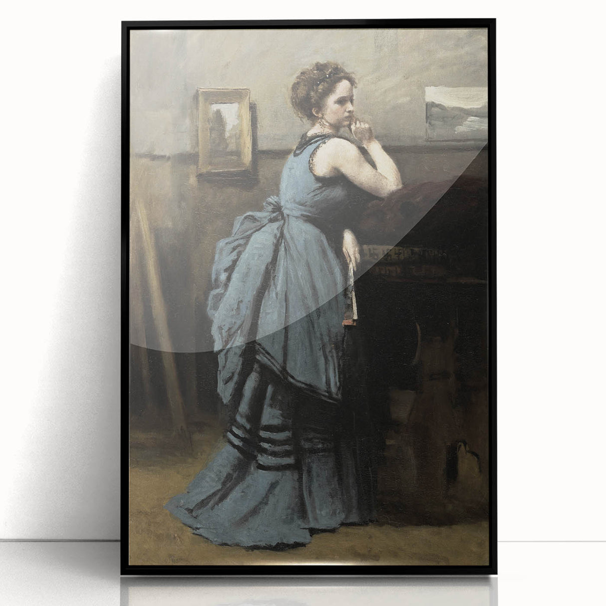 Woman in Blue Victorian Dress – Dark Academia Wall Art, Thoughtful Elegance