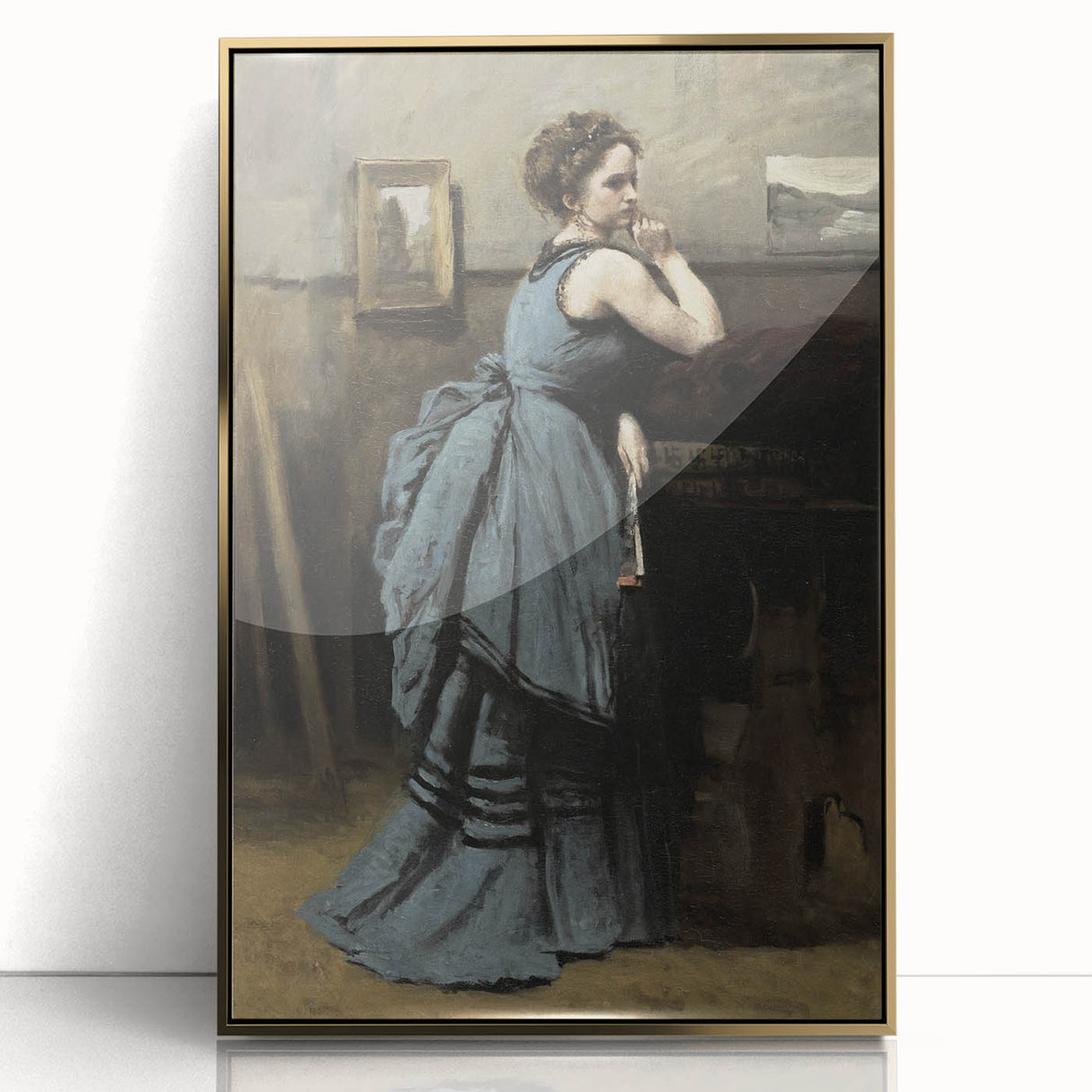 Woman in Blue Victorian Dress – Dark Academia Wall Art, Thoughtful Elegance