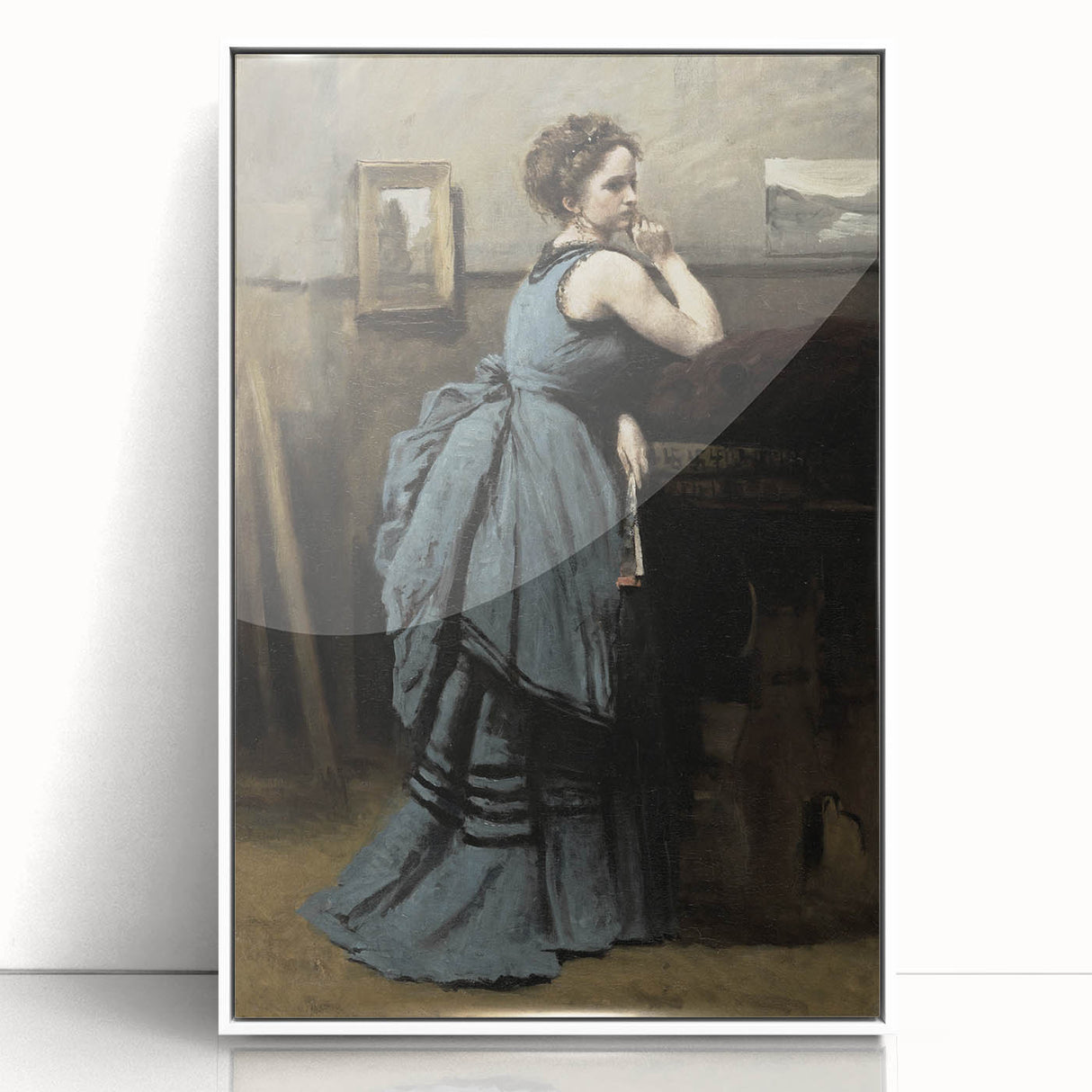 Woman in Blue Victorian Dress – Dark Academia Wall Art, Thoughtful Elegance