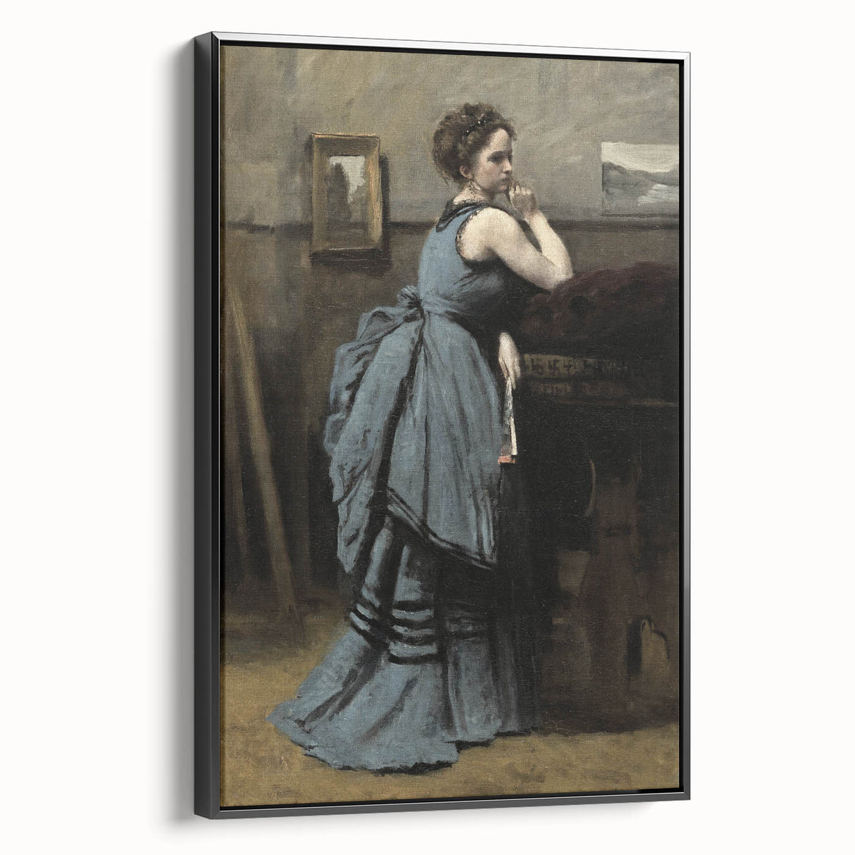 Woman in Blue Victorian Dress – Dark Academia Wall Art, Thoughtful Elegance