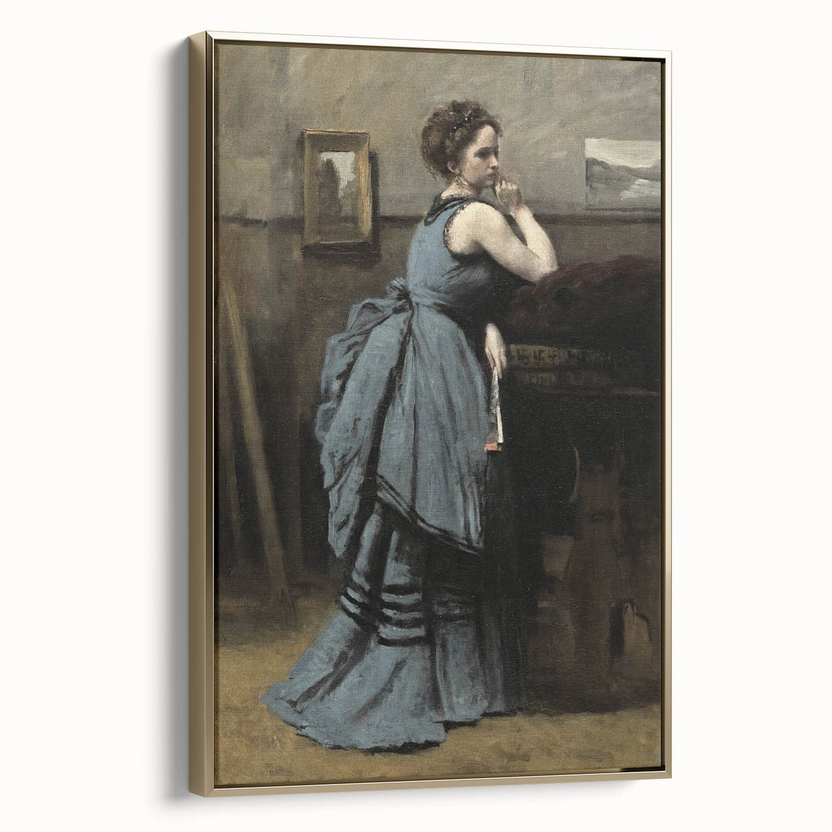 Woman in Blue Victorian Dress – Dark Academia Wall Art, Thoughtful Elegance
