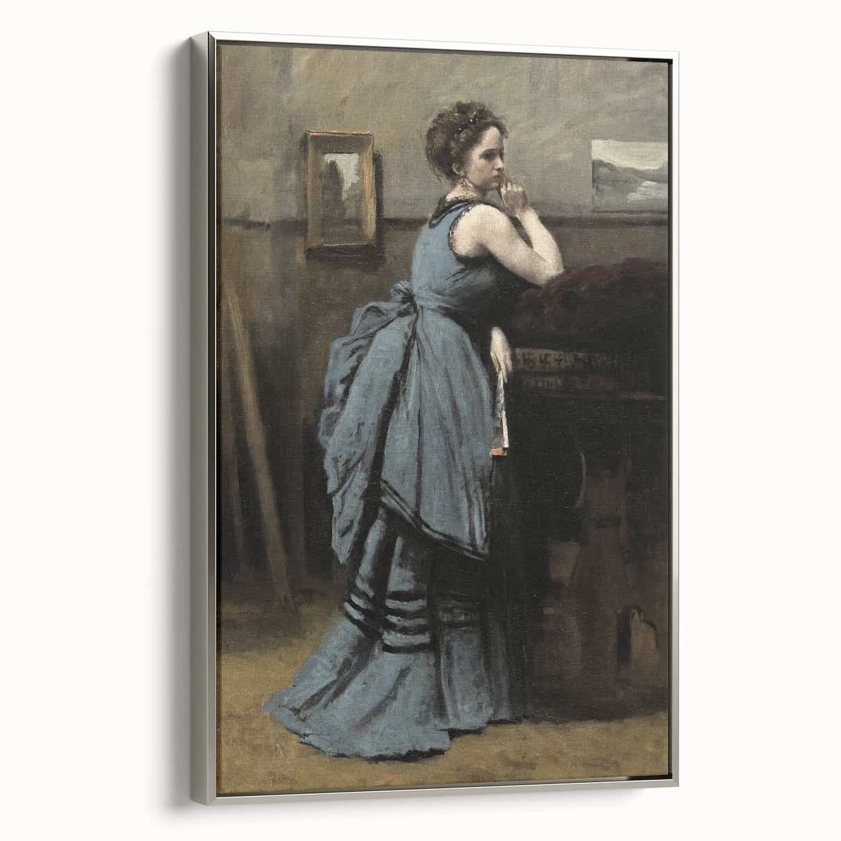 Woman in Blue Victorian Dress – Dark Academia Wall Art, Thoughtful Elegance