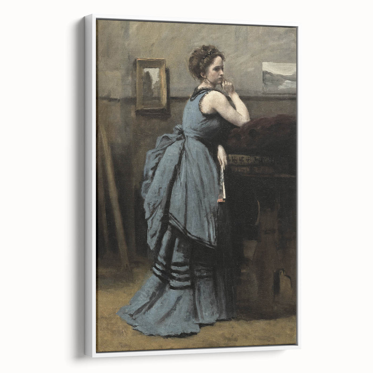 Woman in Blue Victorian Dress – Dark Academia Wall Art, Thoughtful Elegance