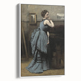 Woman in Blue Victorian Dress – Dark Academia Wall Art, Thoughtful Elegance