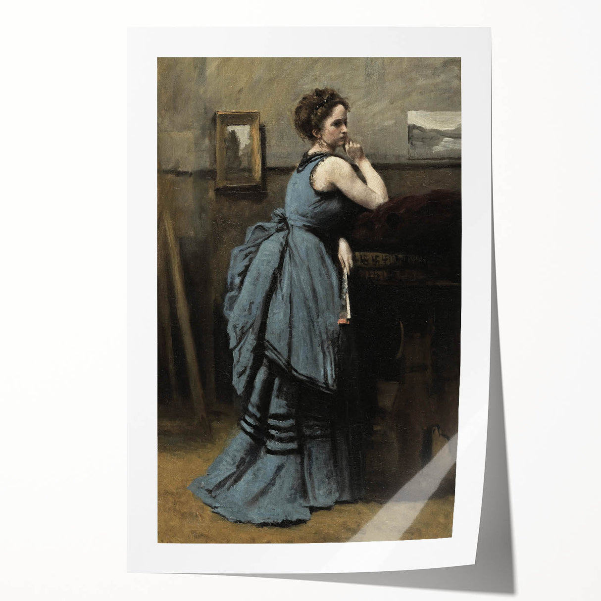 Woman in Blue Victorian Dress – Dark Academia Wall Art, Thoughtful Elegance