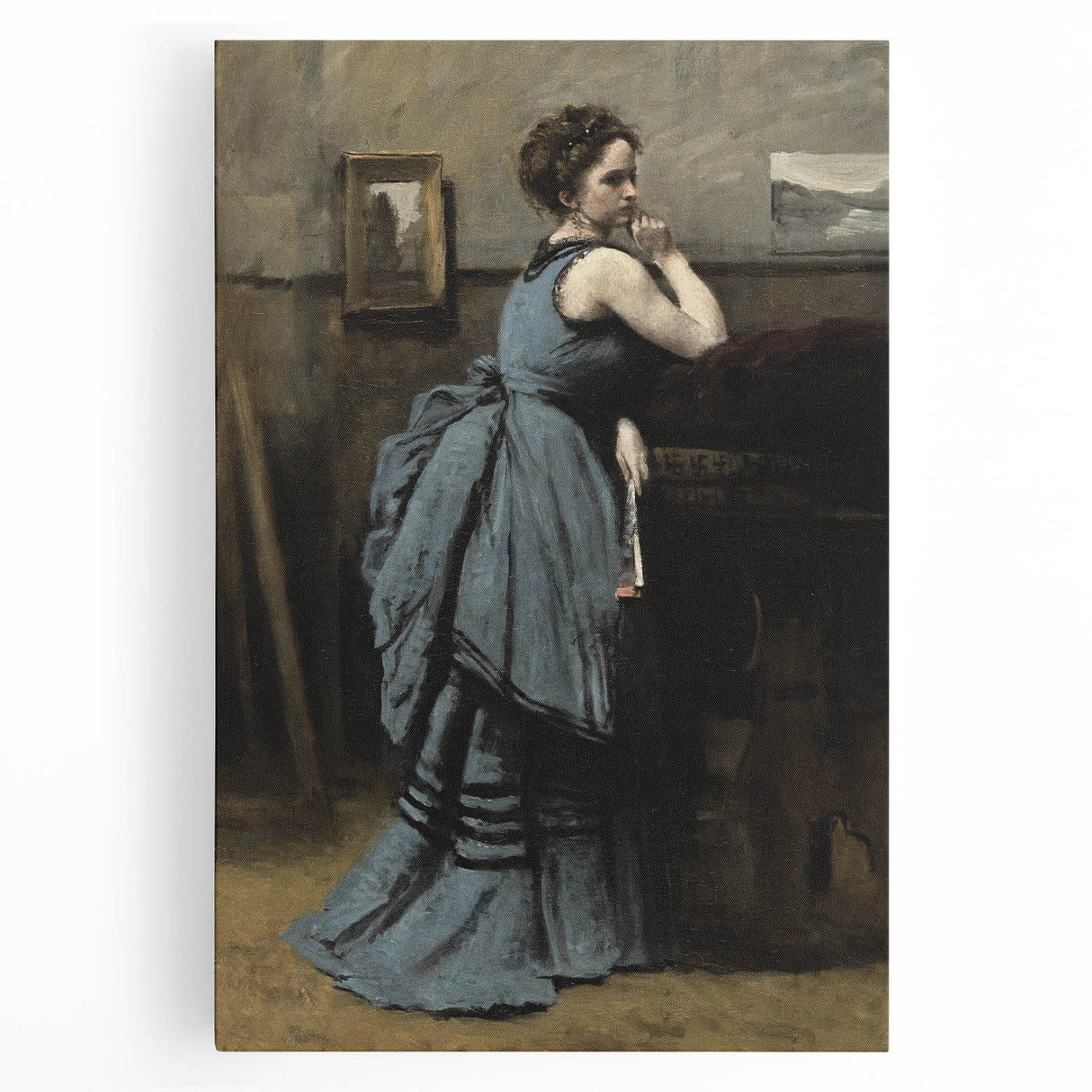Woman in Blue Victorian Dress – Dark Academia Wall Art, Thoughtful Elegance