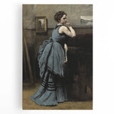 Woman in Blue Victorian Dress – Dark Academia Wall Art, Thoughtful Elegance