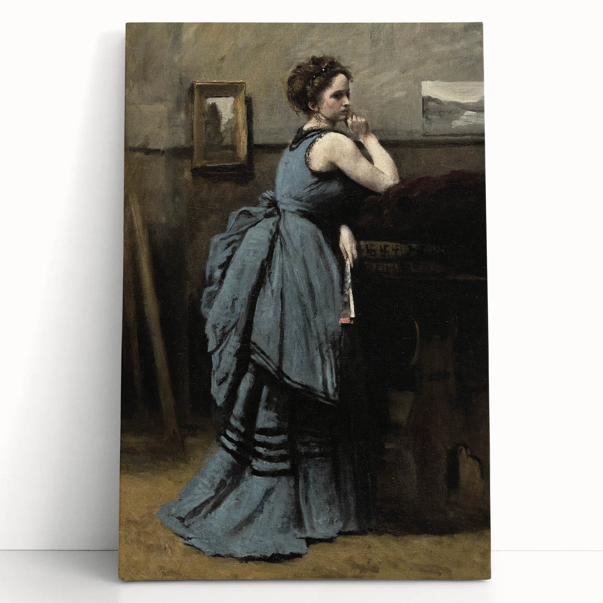 Woman in Blue Victorian Dress – Dark Academia Wall Art, Thoughtful Elegance