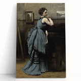 Woman in Blue Victorian Dress – Dark Academia Wall Art, Thoughtful Elegance