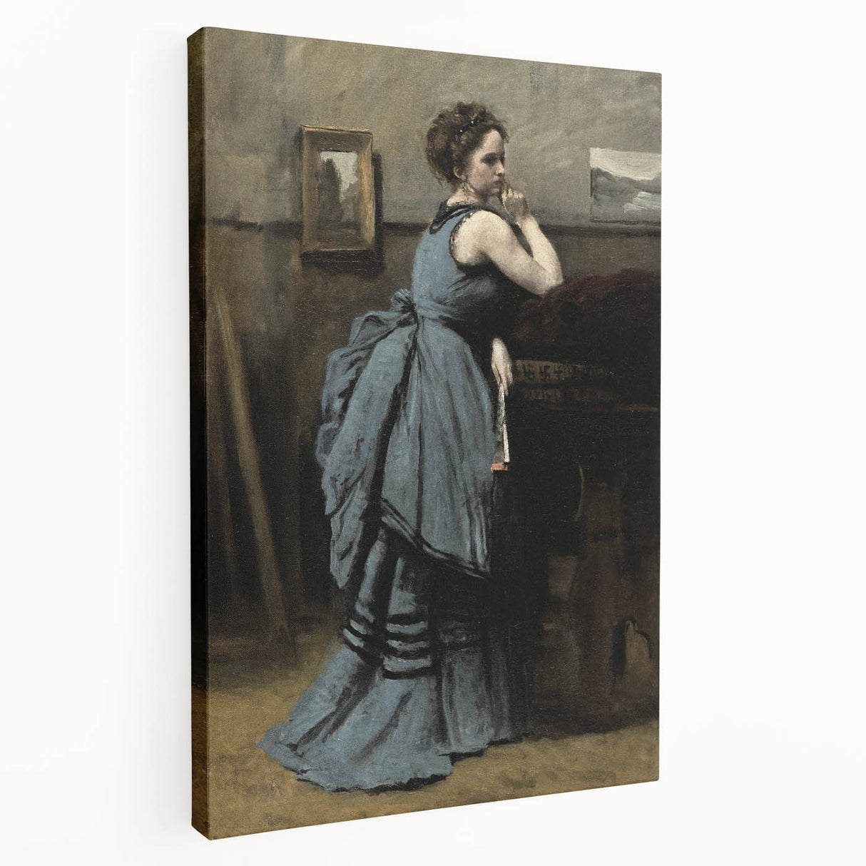 Woman in Blue Victorian Dress – Dark Academia Wall Art, Thoughtful Elegance