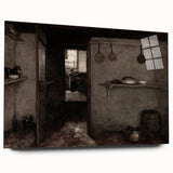 Dark Academia Wall Art – Rustic Interior with Shadowy Kitchen Scene