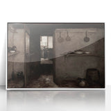 Dark Academia Wall Art – Rustic Interior with Shadowy Kitchen Scene