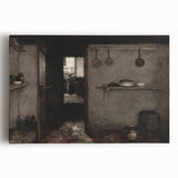 Dark Academia Wall Art – Rustic Interior with Shadowy Kitchen Scene