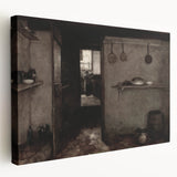 Dark Academia Wall Art – Rustic Interior with Shadowy Kitchen Scene