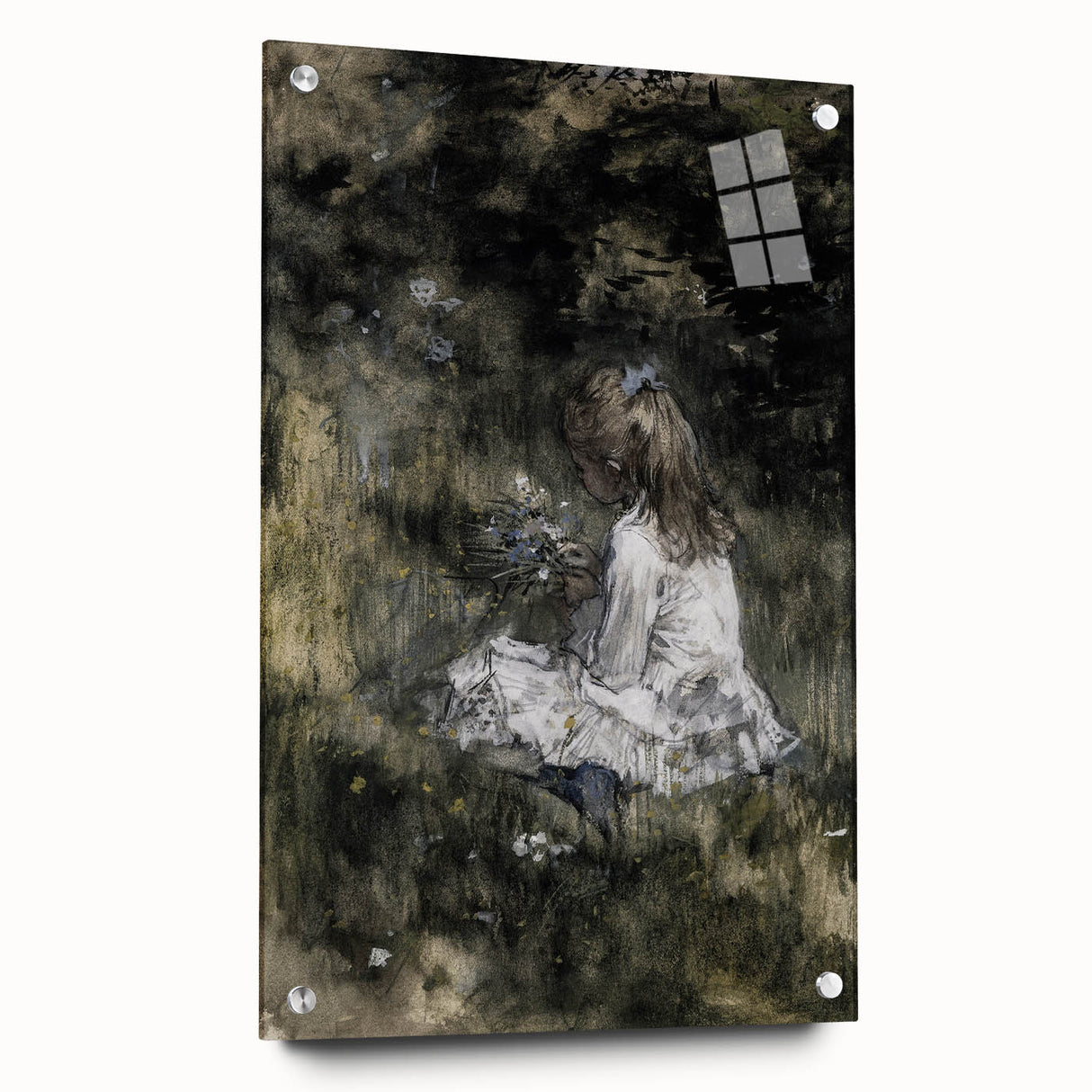 Dark Academia Wall Art - Thoughtful Girl with Flowers for Moody Decor