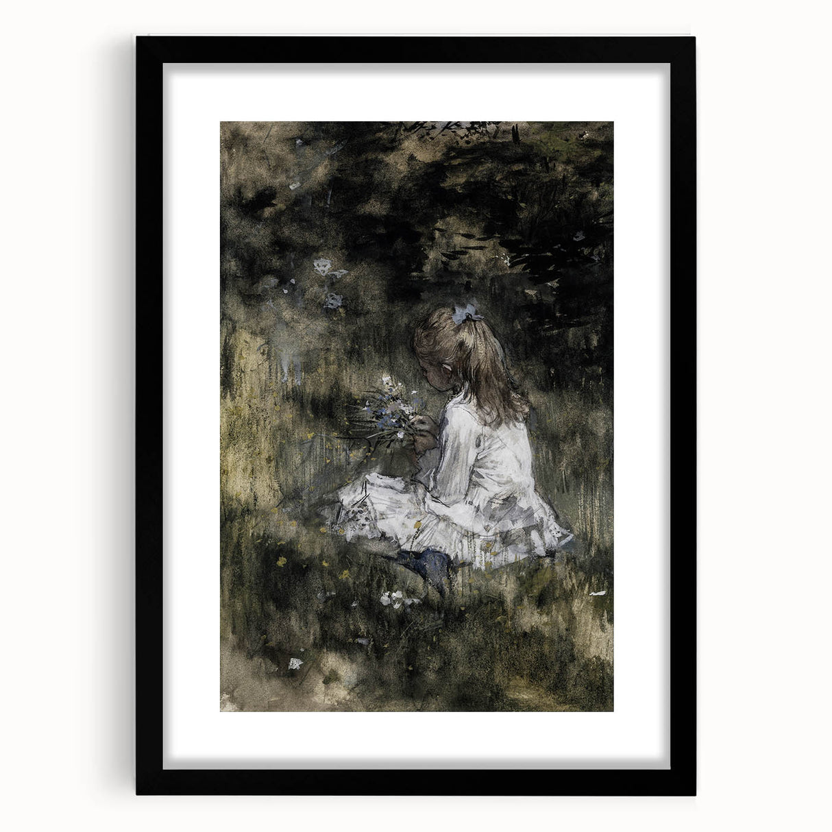 Dark Academia Wall Art - Thoughtful Girl with Flowers for Moody Decor