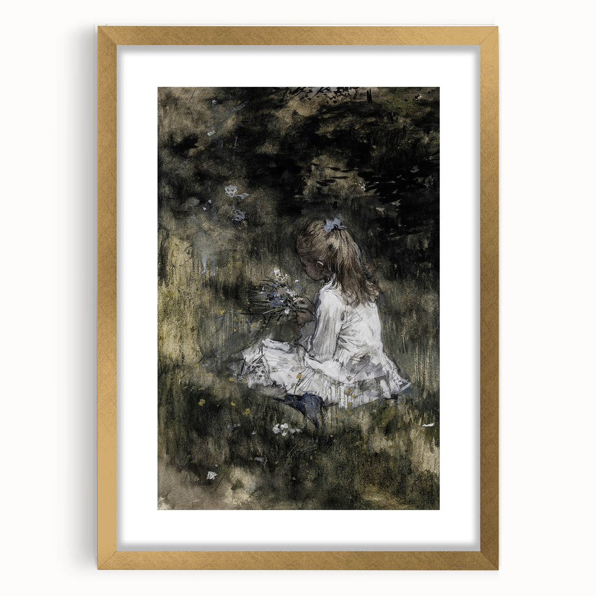 Dark Academia Wall Art - Thoughtful Girl with Flowers for Moody Decor