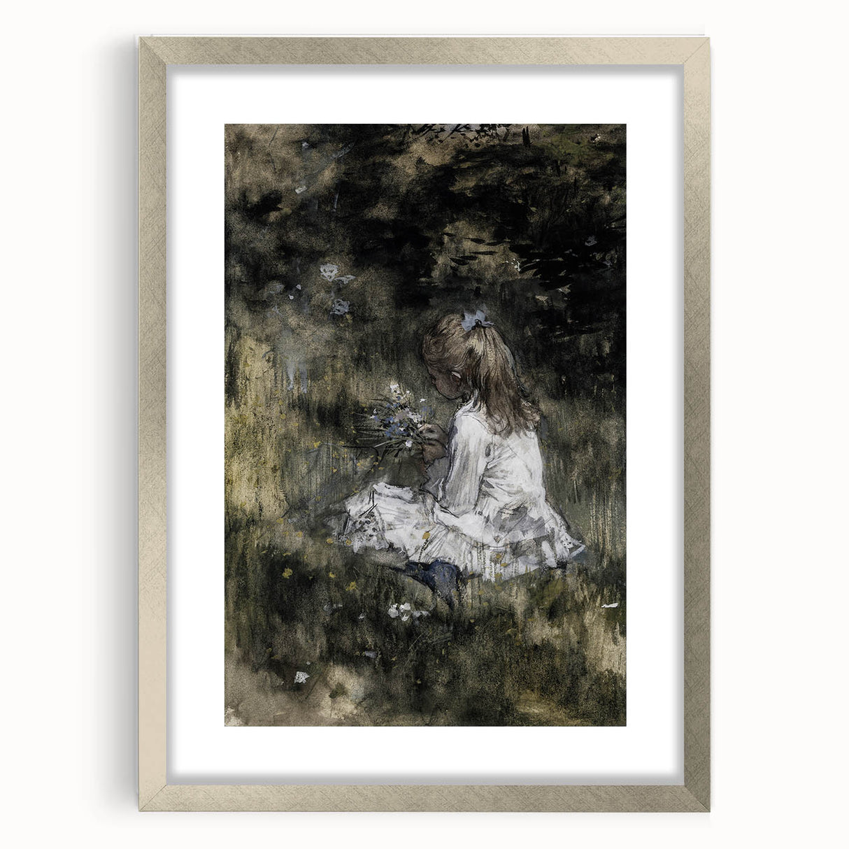 Dark Academia Wall Art - Thoughtful Girl with Flowers for Moody Decor
