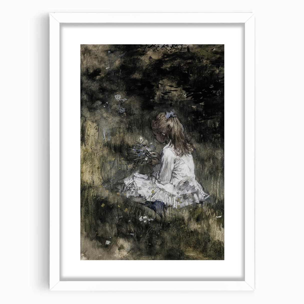 Dark Academia Wall Art - Thoughtful Girl with Flowers for Moody Decor