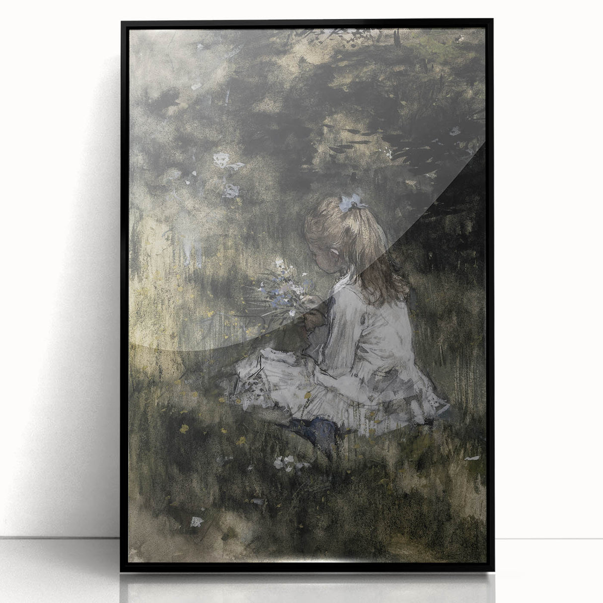 Dark Academia Wall Art - Thoughtful Girl with Flowers for Moody Decor
