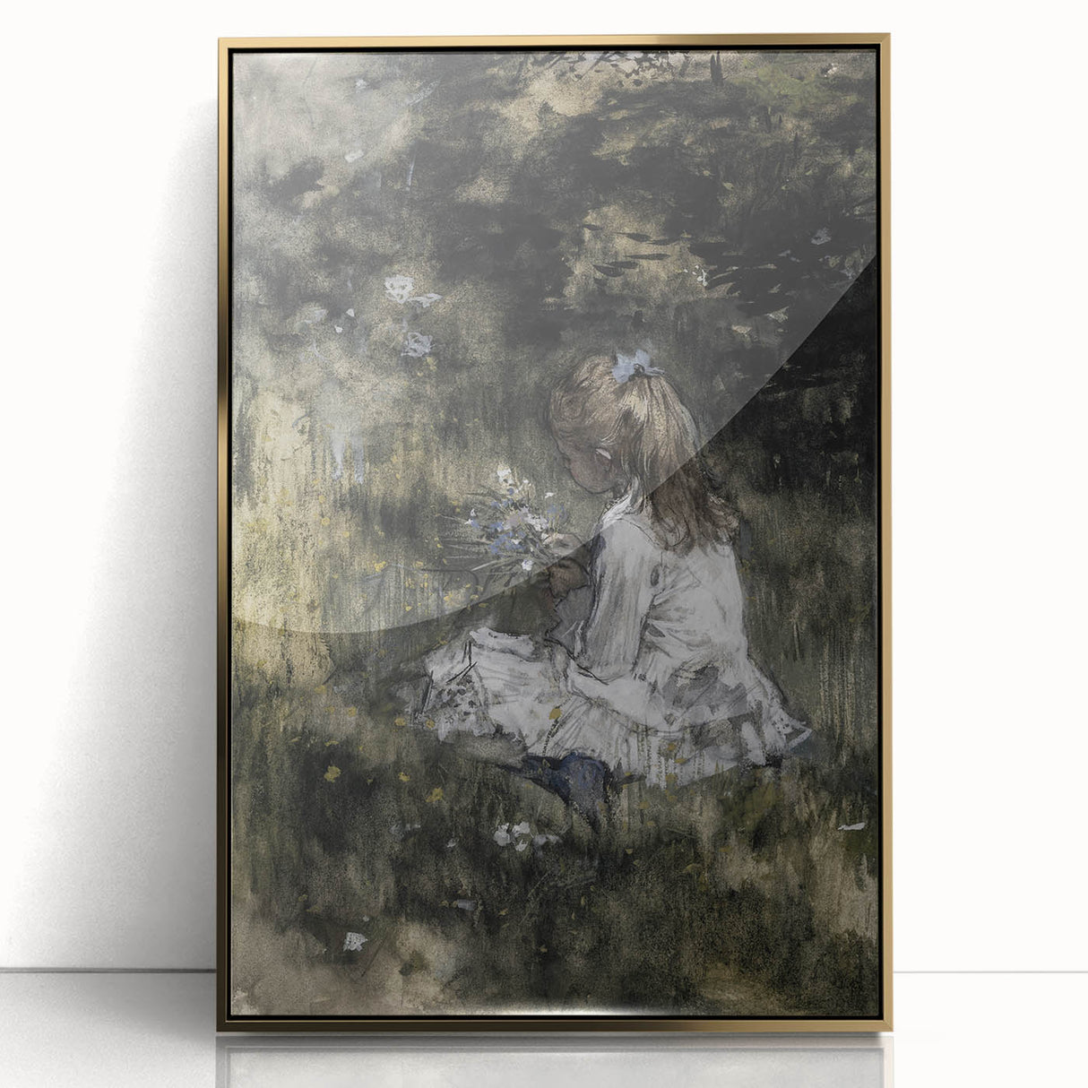 Dark Academia Wall Art - Thoughtful Girl with Flowers for Moody Decor